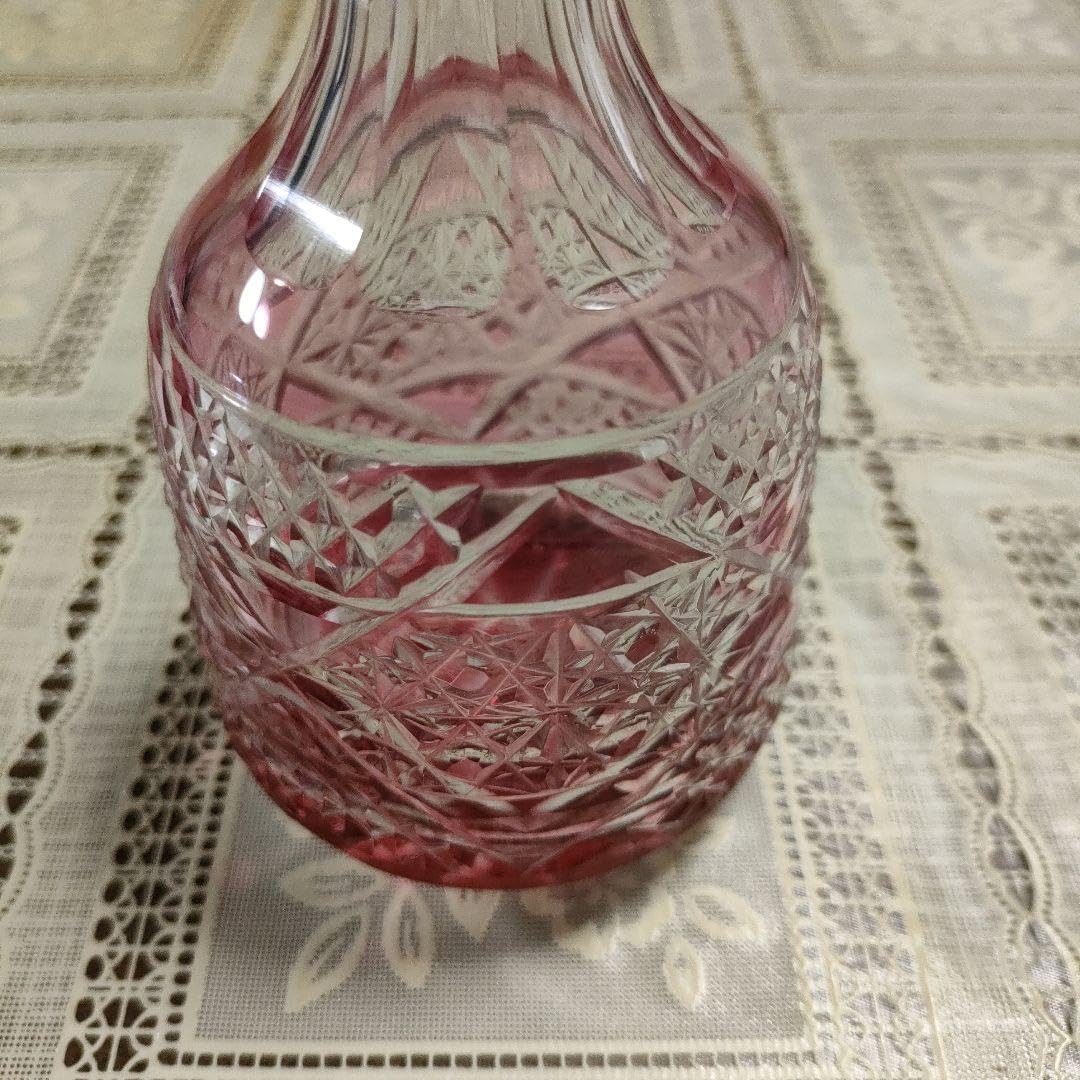 ヤマザキガラス 薩摩切子 金赤菊かごめ紋 色被せガラス徳利 桐共箱付